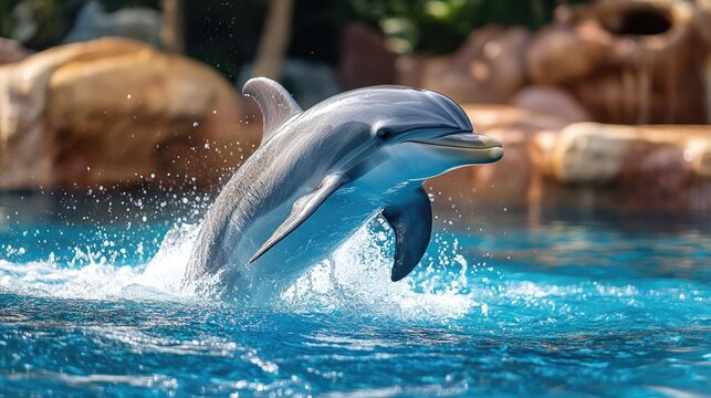 playful dolphin leaping out of clear blue water,with rocks and greenery in the blurred background.Use on wildlife blogs, ocean conservation websites,aquatic animal content