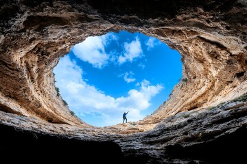 Person Exploring a Cave with a Bright Blue Sky Visible Through a Circular Opening