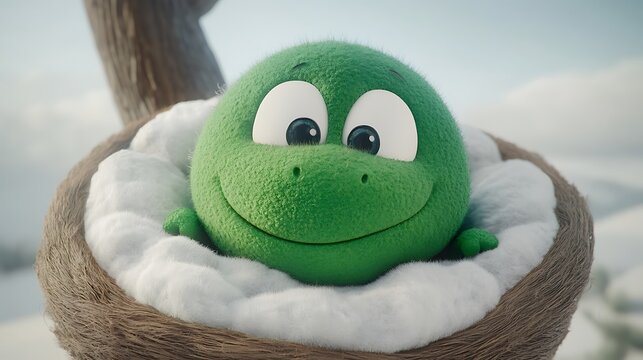 Whimsical green character in nest cheerful animation sphere with friendly smile