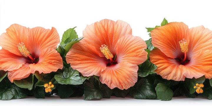 Three vibrant orange hibiscus flowers with green leaves, creating a tropical border. Ideal for travel blogs, Hawaiian themes, or summer product promotions. Evokes warmth and exotic beauty.