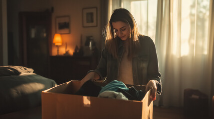 Moving day moment woman folding clothes into a large brown box