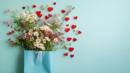 Overhead image of spring wildflowers and red hearts exploding out of a gift bag
