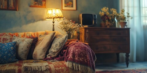 The image portrays a tranquil living room bathed in soft light. The walls are painted in soothing shades of blue, creating an atmosphere of calm and relaxation. Dominating the scene is a plush sofa