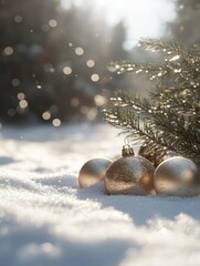 The image captures the warmth and joy of a winter holiday celebration, featuring a festive Christmas tree adorned with ornaments, lights, and a star. The tree is nestled in a blanket of fresh snow,