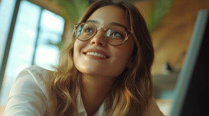 A professional and happy woman with glasses, posing for a photo in an office setting. She is wearing a blouse and has her hair up. Smiling towards the camera.