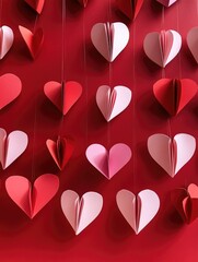 This image features a vibrant display of pop-up paper hearts in various sizes and colors against a red background. The hearts are arranged to create an artistic wall decoration, with some appearing