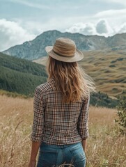 The image portrays a serene countryside scene, featuring a woman standing in the foreground with a backdrop of lush green fields and rolling hills. She is dressed casually in a plaid shirt and jeans,