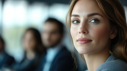 A high-resolution image of a female executive in a corporate setting. She is seated at a conference table, looking off into the distance with a focused expression. Her appearance suggests she is