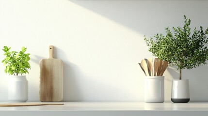 The image showcases a minimalist kitchen setting, highlighting the natural light and a fresh, homey atmosphere. A cutting board is prominently displayed with various types of herbs, suggesting the