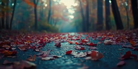 A serene path in autumn, surrounded by colorful fallen leaves and a misty atmosphere.