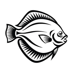 Monochrome Fish, Isolated Black Outline, Sea Life, Tropical Creature, Underwater Design