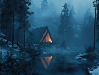 Nighttime scene of a cozy log cabin in the woods, with snow on the ground and surrounded by tall evergreens. The cabin has a warm light inside, illuminating the dark surroundings. A river flows gently