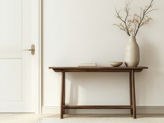 A modern, minimalist console table with wooden finishings and a small vase of flowers on it, set against a clean, white wall.