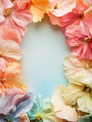 Stylized wreath of pressed flowers in shades of pink, yellow, and light green, arranged around a central card with a floral design, set against a textured background that resembles paper or fabric.