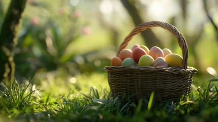 The image showcases a delightful springtime scene with a woven basket filled with colorful eggs, placed in the foreground on a grassy lawn. The background is a lush garden setting, featuring vibrant