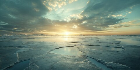A tranquil and breathtaking image showcasing a stunning sunset reflecting on the icy surface of a body of water, with a beautiful cloud-filled sky above. The image captures the vastness of the natural