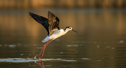 Obraz premium Graceful black and white wading bird with long red legs taking flight from shallow water, concept for wildlife photography, nature conservation and ornithology studies