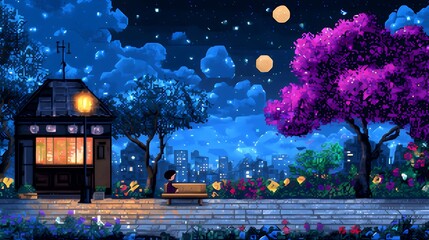 Obraz premium Person Sitting on Bench Under Purple Tree at Night, Pixel Art Cityscape