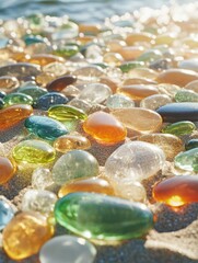 Vibrant beach glass stones in a natural setting.