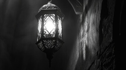 A vintage lantern casting a warm glow in an atmospheric, narrow alley. The scene exudes an air of intrigue and solitude.