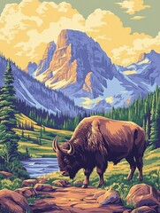 Vibrant and colorful illustration of a bison in a mountainous landscape, standing on rocky terrain with snow-capped mountains and trees in the background. The image has a nostalgic art style