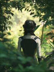 An adventurous individual, clad in a futuristic suit, stands amidst a dense forest, gazing into the depths of the wilderness. The scene captures an atmosphere of mystery and anticipation as this
