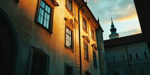 A captivating sunset scene showcasing a historic European building with Romanesque architecture. The warm golden hues of the setting sun cast long shadows and create a serene atmosphere, highlighting