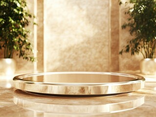 The image showcases a sleek, oval-shaped table made of a reflective metal, likely chrome or steel, with a polished finish. The table is centrally positioned in an upscale lobby setting. In the