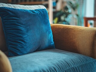 High-resolution image of a couch with a blue textured throw pillow, inviting an atmosphere of relaxation and home comfort.