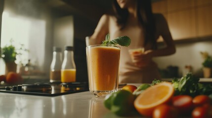 A close-up of a kitchen scene, highlighting a person preparing a refreshing fruit smoothie. The image emphasizes the natural ingredients and the process of making a healthy beverage.
