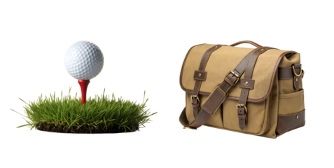 Canvas messenger bag with leather straps, shoulder bag and Golf ball on tee with grass on transparent background