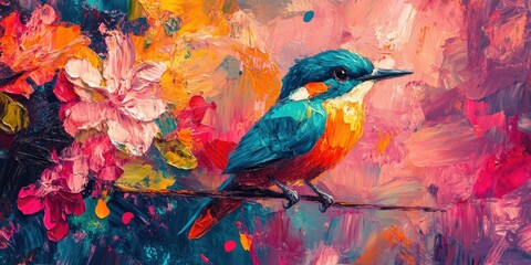 Fototapeta premium A captivating digital art piece featuring a blue and yellow bird perched on branches adorned with colorful flowers in full bloom, set against a backdrop of a sunset-like sky. The artwork is rich in