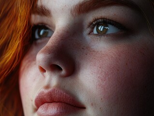 The image portrays a young woman with vibrant red hair and eyes, set against a neutral background. She exudes confidence with a direct gaze towards the camera.