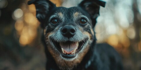 A happy-looking dog with a big smile, set against an outdoor background with warm lighting.