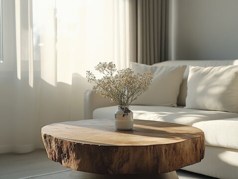 This image showcases a sleek and modern living room coffee table with a wooden slab. The table is set against the backdrop of a tastefully decorated room, featuring natural wood elements that lend an