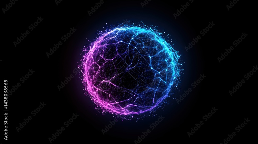 Poster networking digital connection web of interconnected lines and dots forming a sphere, gradient colors