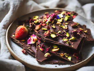 chocolate bark decorated with dried strawberries, pistachios, and edible flowers.