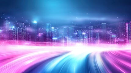 networking Technology and Communication Futuristic cityscape with interconnected lines and data streams, blue and purple colors, night scene, symbolizes smart city technology