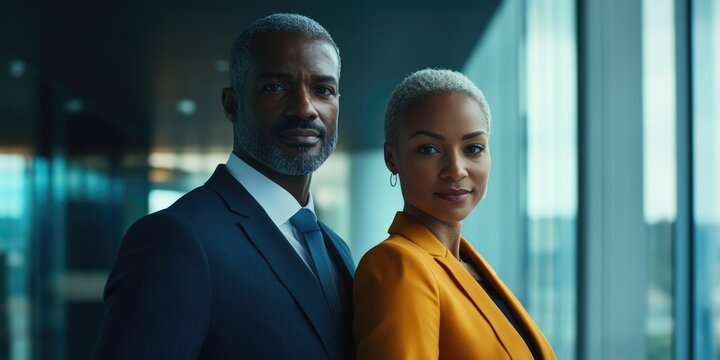 This is a stock photo depicting a man and woman in a business setting, dressed professionally and engaged in what appears to be a formal meeting or discussion. The image has a high resolution and