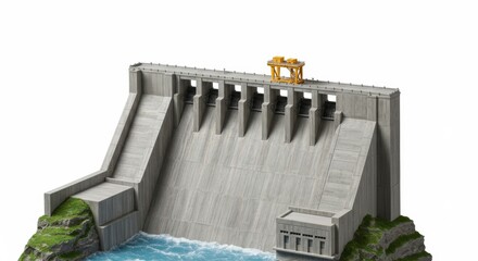 A concrete dam with water flowing and a yellow structure on top against a white background scene view