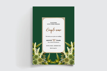 WEDDING INVITATION FRAME WITH FLOWER DECORATIONS AND FRESH LEAVES