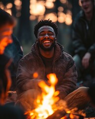 Joyful man by campfire with friends