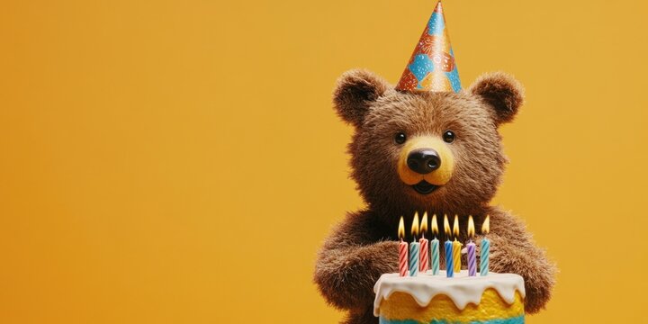 A charming scene featuring a large teddy bear sitting on top of a cake with candles, celebrating a birthday with an expression of joy. The bear is brown and white, adorned with a party hat that adds