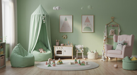 Eccentric green children's room with playful wooden touches