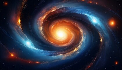 swirling galaxy in space orange core surrounded by blue and dust clouds in dark