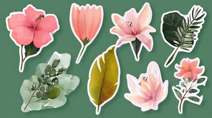 Obraz premium Set of stickers, tropical flowers and leaves, vector illustration, sticker set on white background