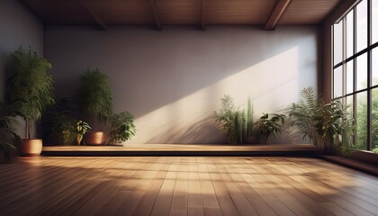 empty room of modern contemporary loft with plants on wooden floor generative ai