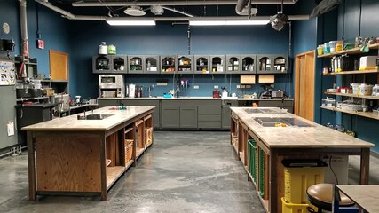 Modern kitchen workspace with organized counters, equipment, and vibrant storage solutions