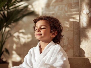 Child in white robe at spa experiencing bespoke handcrafted indulgence in blissful tranquility