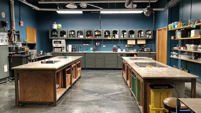 Modern kitchen workspace with organized counters, equipment, and vibrant storage solutions
